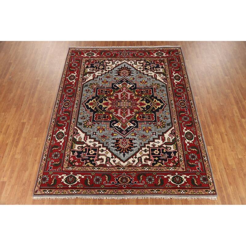 Light Blue Geometric Heriz Serapi Indian Area Rug Handmade Wool Carpet - 7'11"x 10'5"