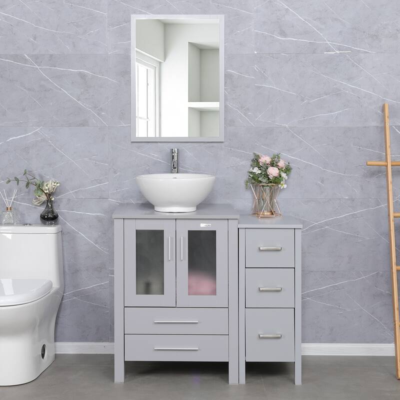 36" Bathroom Vanity Sink Gray Set with Side Cabinet Vessel Sink Mirror Faucet Combo - white ceramic round sink