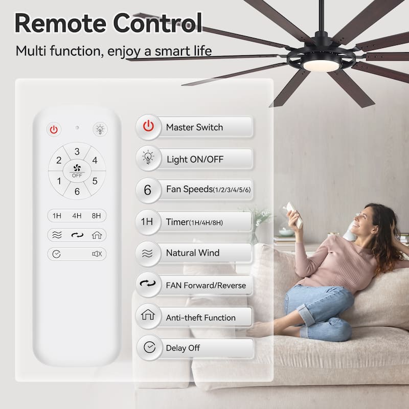 80/72/52/42-IN LED Ceiling Fan with Light Kit and Remote(5/10/12-Blade)