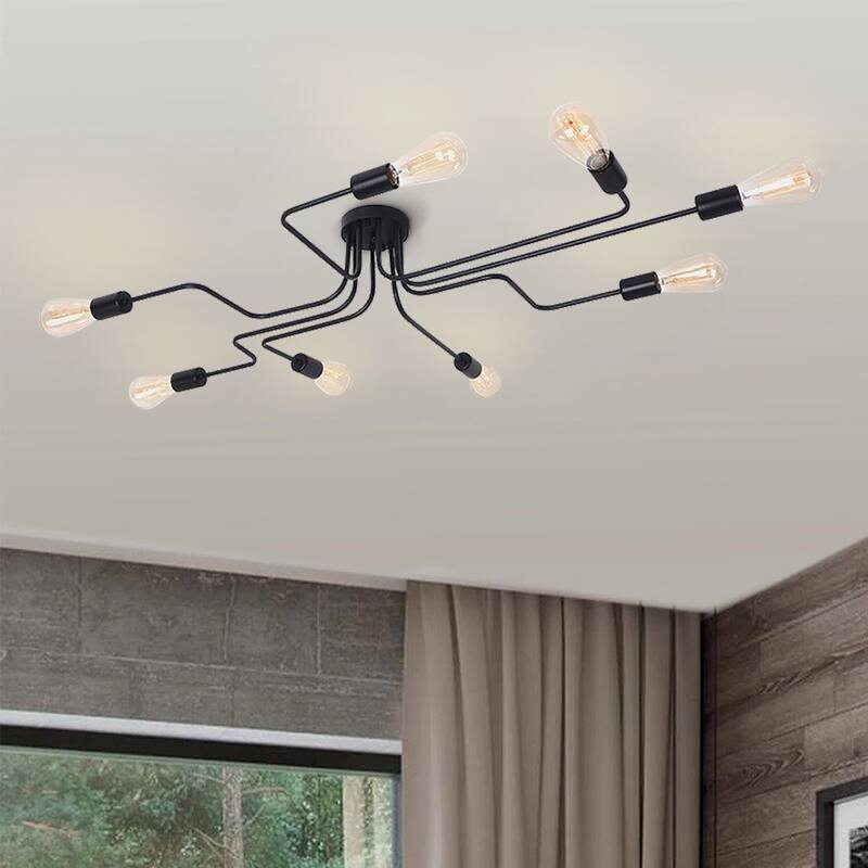 8-Light Modern Black Linear Sputnik Semi-Flush Mount Light Industrial Spider Ceiling Light - Black