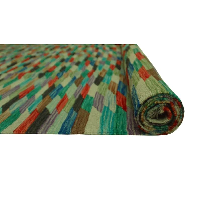 Hand-Woven Winchester Kilim Mamoun Green/Rust Rug - 6'8" x 9'11"