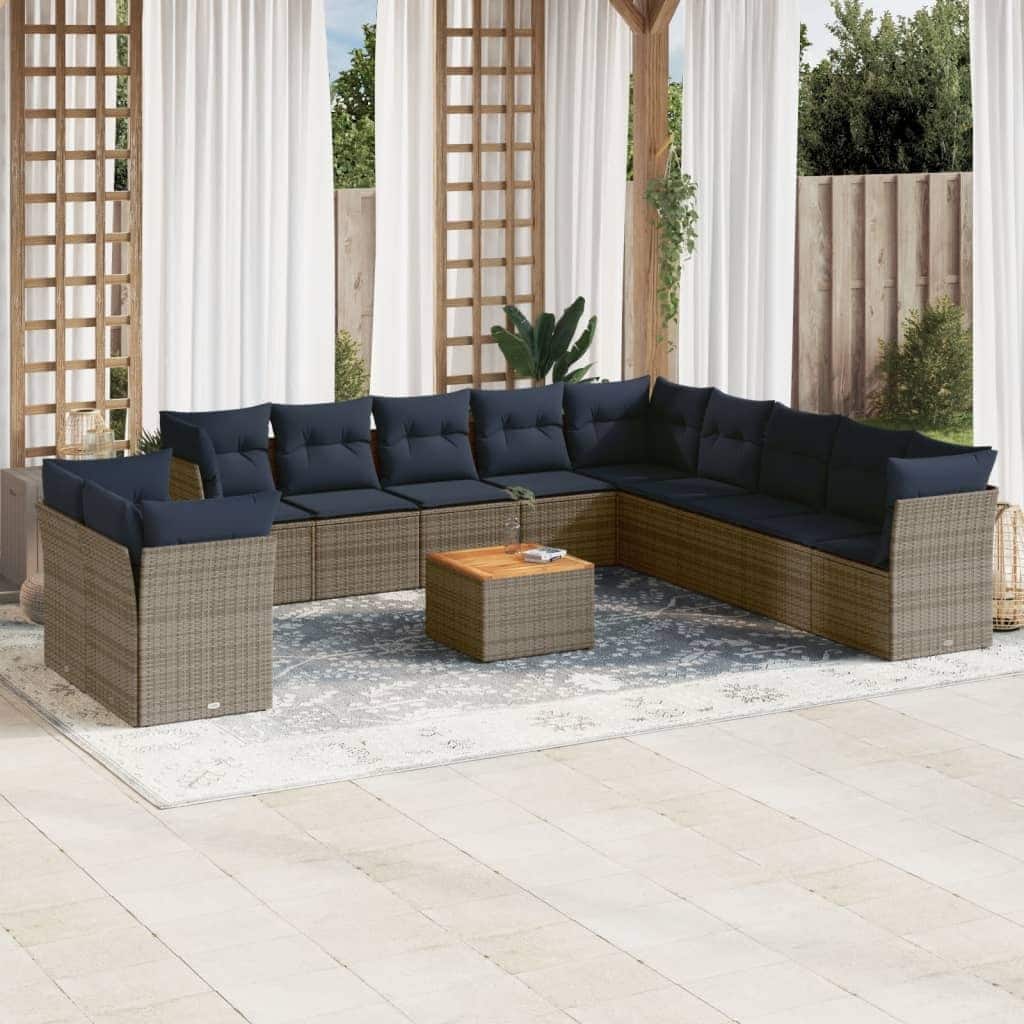 vidaXL 12 Piece Patio Sofa Set with Cushions Gray Poly Rattan - 24.4" x 24.4" x 27.2"