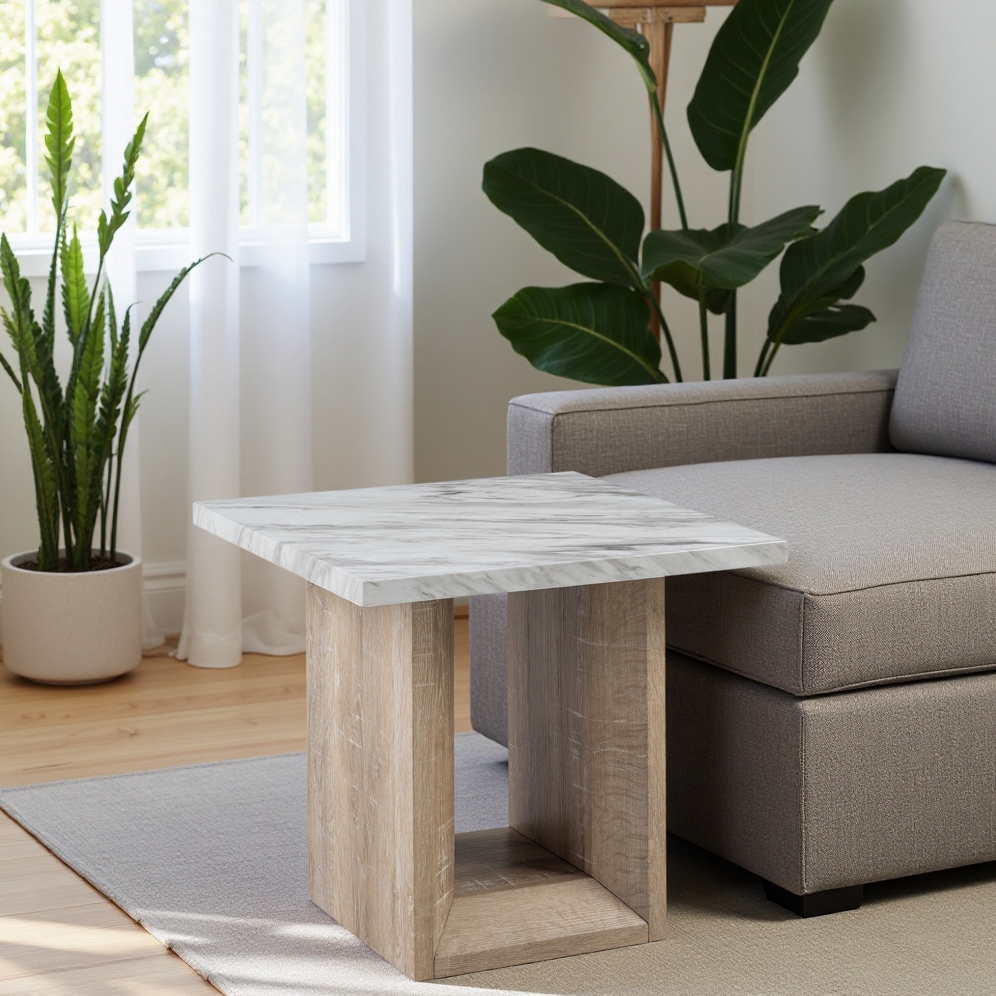 26" Marble Finish End Table with Pedestal Base, Light Brown Wood Finish, Contemporary Accent Side Table