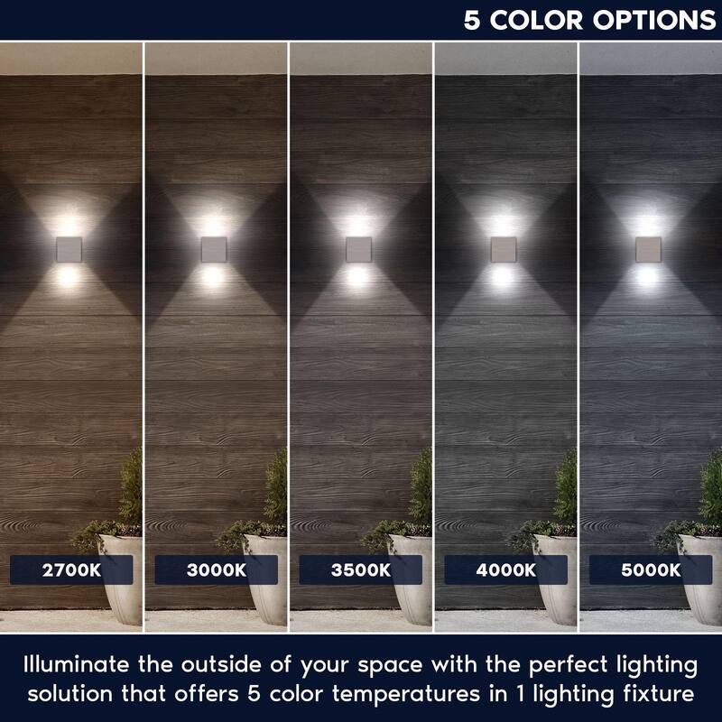 Luxrite Square LED Up and Down Wall Sconce, Metal, 5CCT 2700K-5000K, 15W, 1000LM, IP65 Waterproof, ETL, Brushed Nickel