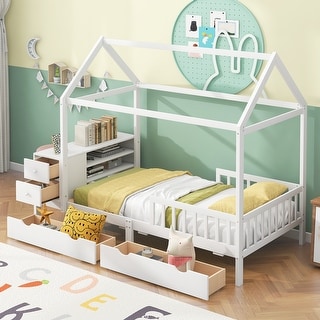 Charming Twin Size House Bed, Fence, Drawers, Shelves, Desk, White ...