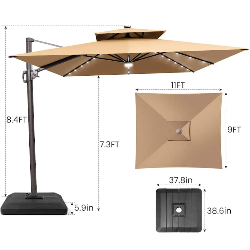 9 x11 FT Cantilever Patio Umbrella with Weighted Base, Double Canopy & LED Lights
