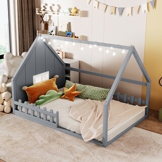 Playful Design Wood House-Shaped Roof Bed with LED Design, Window and Fence, Full Size, Grey