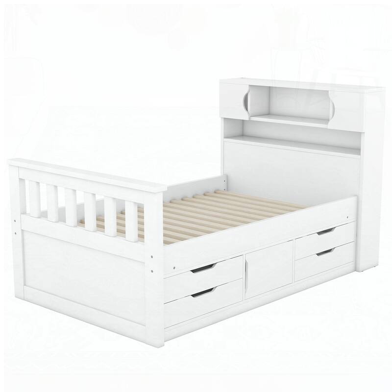 Captain Platform Bed Frame with Storage Bookcases and Shelves
