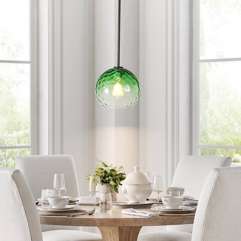 1-Light Modern Gold/Black Metal Hanging Pendant with Green Hammer Textured Glass Shade for Kitchen Island, Living room