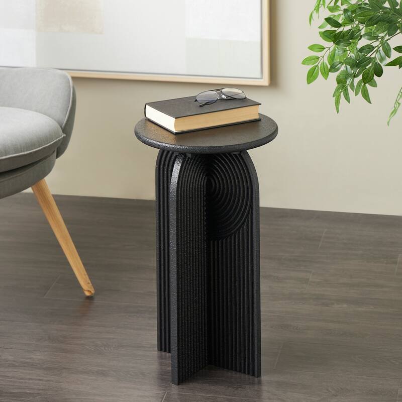 Black Wood Sandstone Carved Art Deco Arched Pedestal Geometric Accent Table - Black