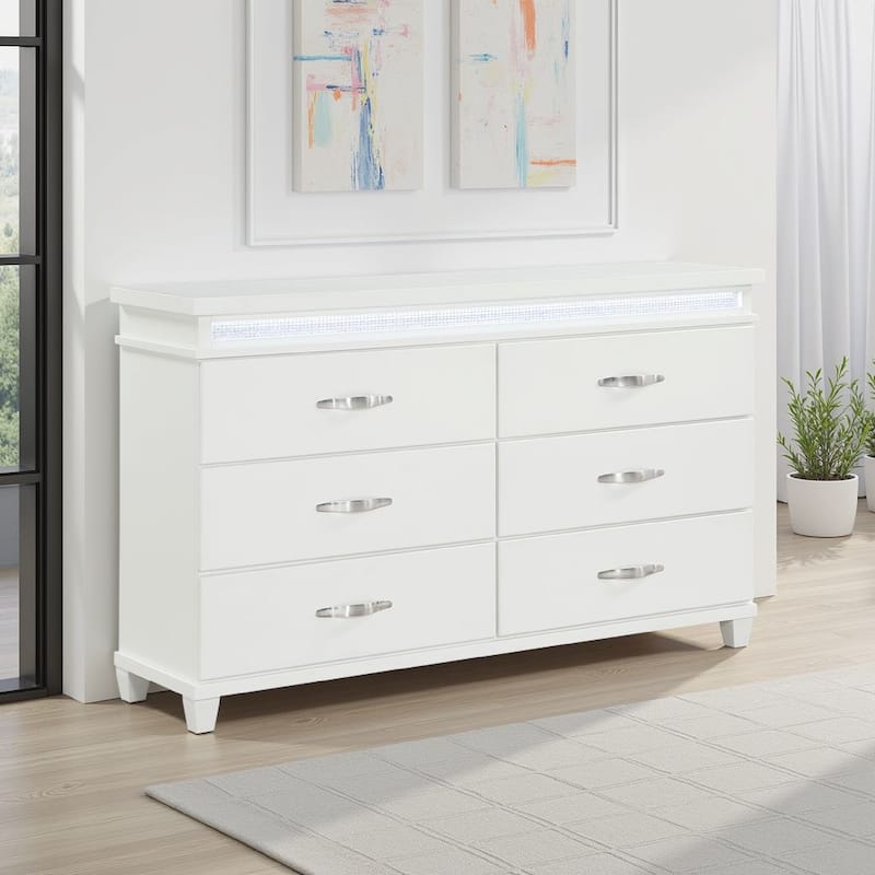 Jisy 64 Inch Wide Dresser 6 Drawers, LED Lights, White Wood, Chrome