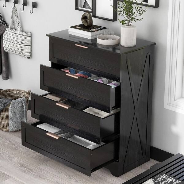 Modern Black 4-Drawer Dresser with Rose Gold Handles, Spacious Wooden Storage Cabinet for Bedroom, Living Room or Office - Bed Bath & Beyond - 43617775 Modern Black 4-Drawer Dresser with Rose Gold Handles, Spacious Wooden Storage Cabinet for Bedroom, Living Room or Office - Bed Bath & Beyond - 43617775