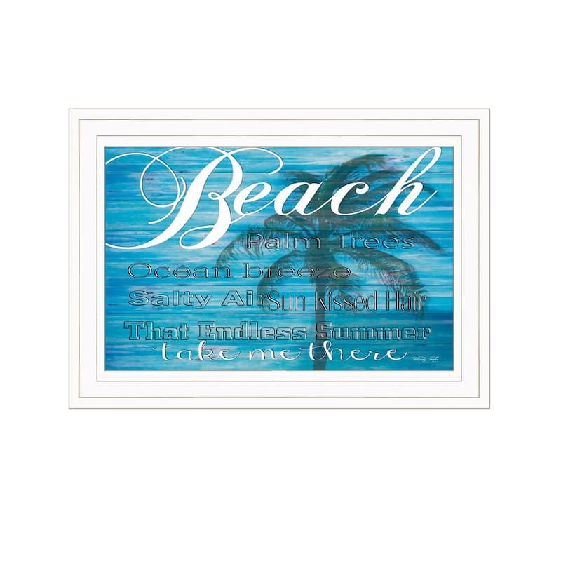 TrendyDecor4U "Take Me There (Beach)" Framed Print Wall Art by Cindy Jacobs - Blue, White, Tan, Earth Tones - White