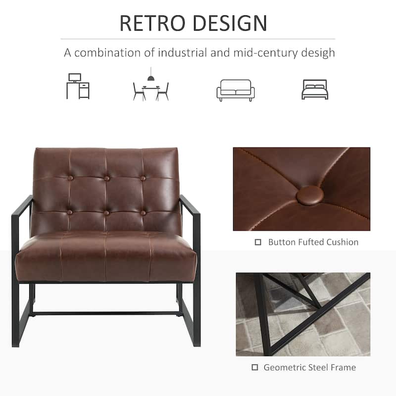HOMCOM Mid-Century Modern Accent Chair Faux/Leather Sofa Button Tufted Armchair with Metal Frame, Brown - 24.5"x29.25"x30.75"
