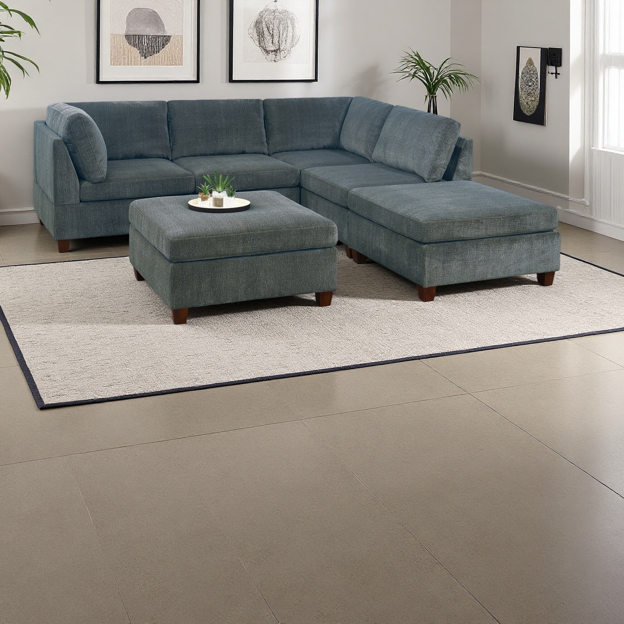 Chenille Modular 6-Piece L-Shaped Sectional Sofa with 2 Corner Wedges, 2 Armless Chairs, and 2 Ottomans