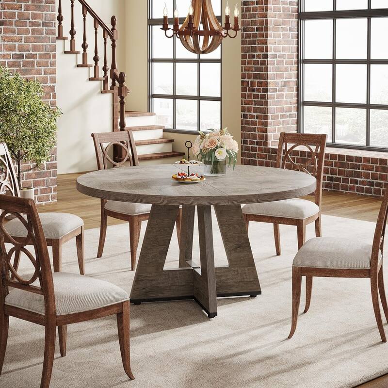 47" Round Wood Dining Table 4-Seater Farmhouse with Wooden Tabletop Cross Base for Dining Room/Kitchen