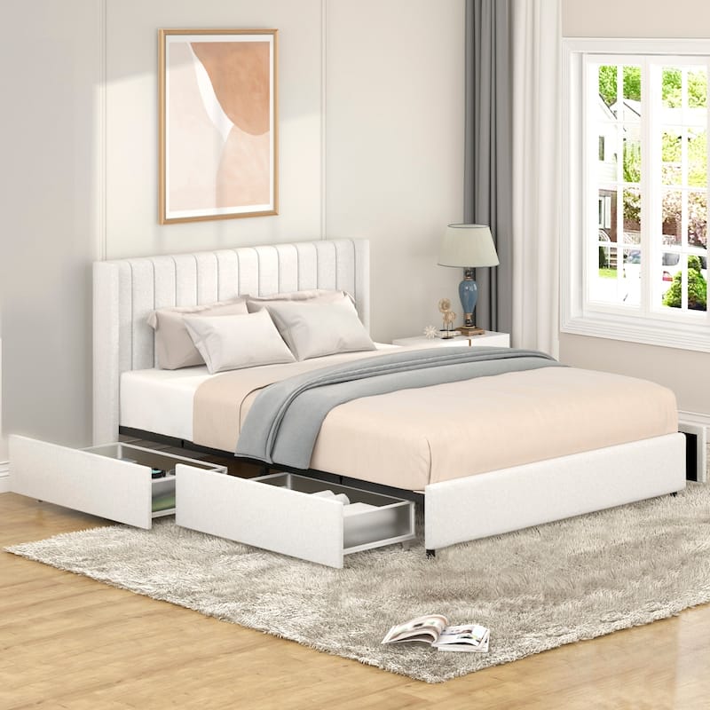 Lilium Ivory Boucle Upholstered Queen Platform Bed with Drawers by Christopher Knight Home - Ivory+4 Drawers