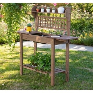 Outdoor Potting Bench Table, Wooden Workstation, Storage Shelf and Dry ...