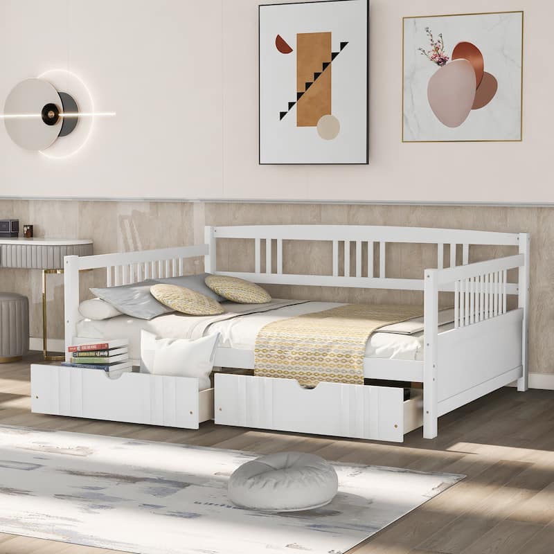 Full Size Daybed Wood Bed with Two Drawers,White - White