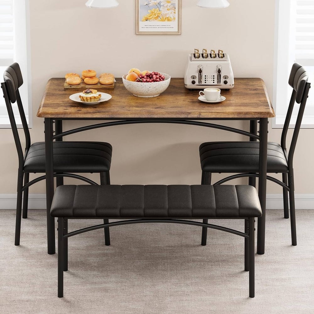 Industrial Dining Table Set with Upholstered Chairs and Bench