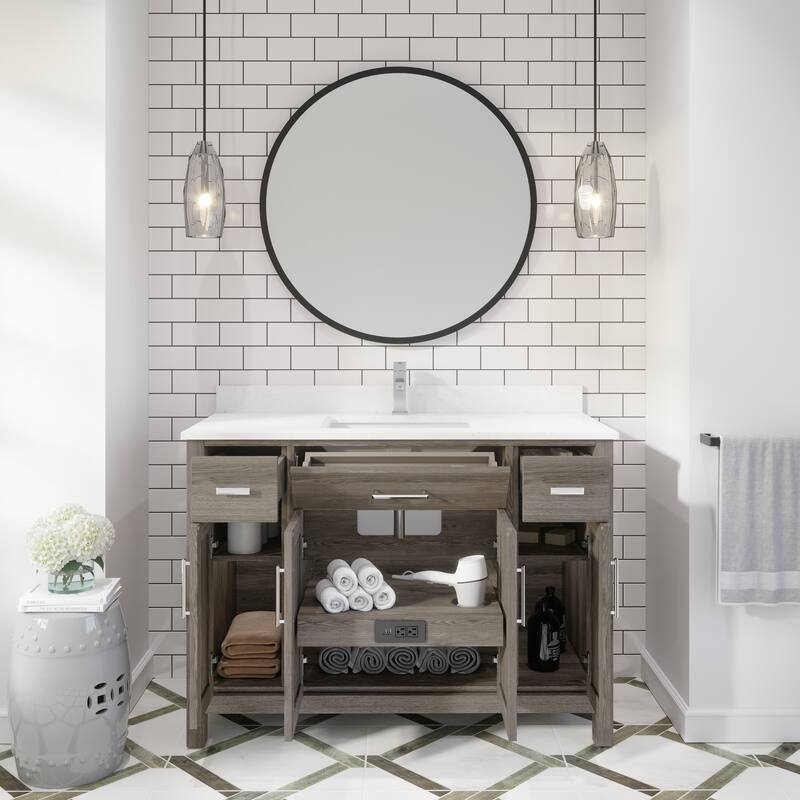 Kate 48-in Solid Hardwood Bathroom Vanity with Power Bar and Drawer Organizer