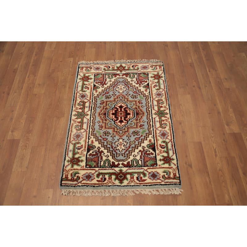 Hand Knotted Oriental 100% Wool Carpet Traditional Geometric Navy Blue & Blues Heriz (serapi) Area Rug - 3' 0'' X 2' 0''