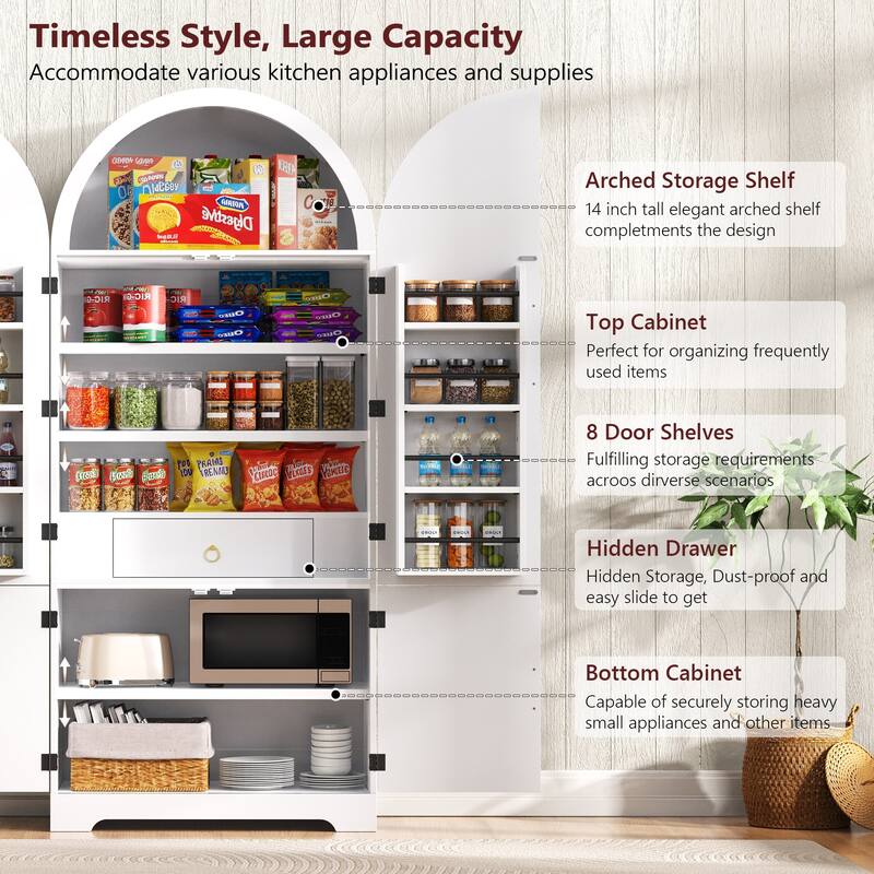72" Arched Pantry Cabinet with 8 Shelves, Hidden Drawer for Kitchen, Dining & Bathroom