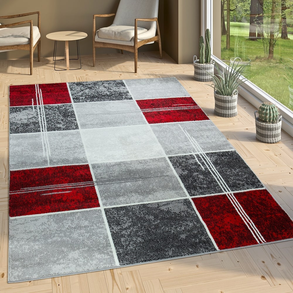 Grey Red White Area Rug Checked with Marble Effect Mottled Colors