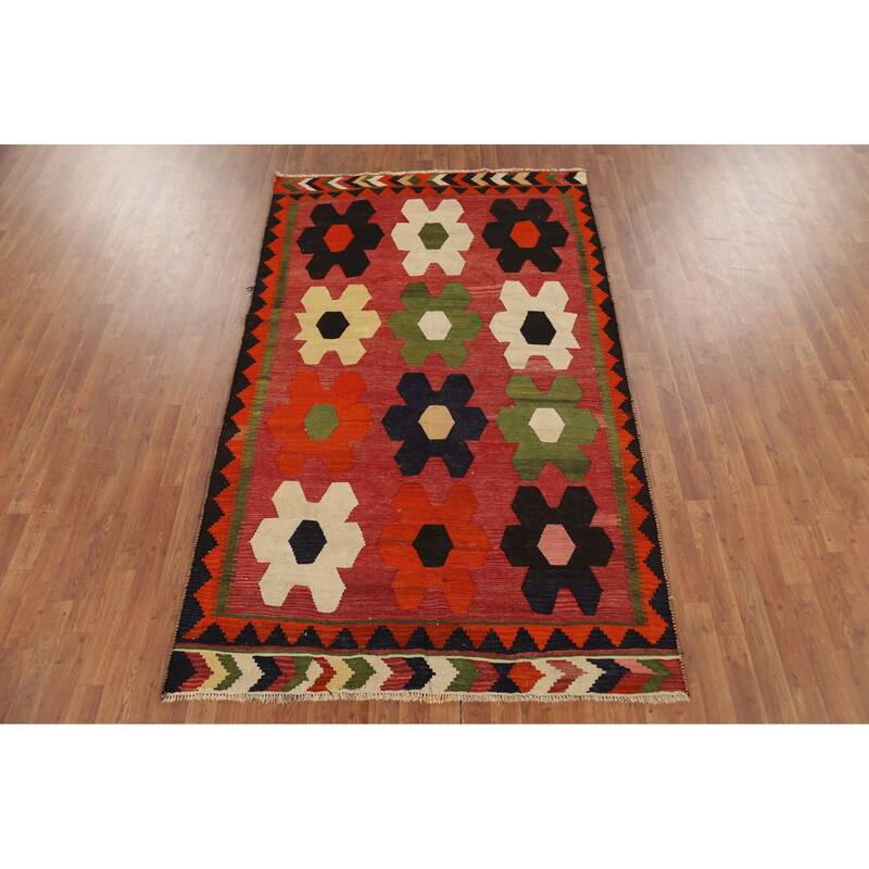Vegetable Dye Red Geometric Kilim Qashqai Persian Vintage Wool Carpet - 4'10"x 8'0"