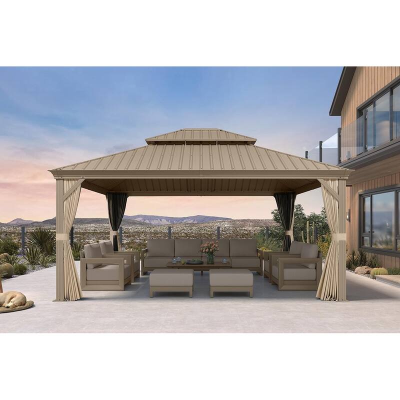 PURPLE LEAF Outdoor Hardtop Gazebo Pro Champagne Metal Frame Galvanized Steel Double Roof with Curtains and Netting for Poolside - 14' x 16' - Champagne Pro with Light