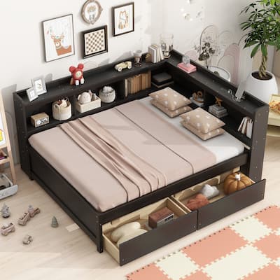 Full Size Platform Bed with L-Shaped Bookcase, Built-in Charging Station, 2 Storage Drawers