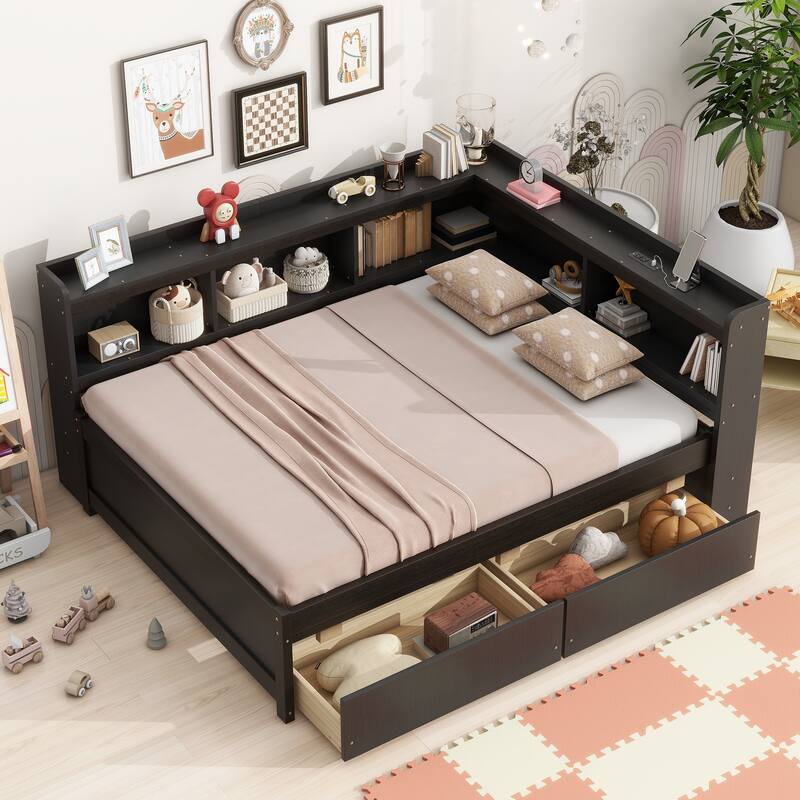 Wooden Platform Sofa Bed Frame with L Shaped Bookcase and Charging Station, Living Room Corner Daybed with 2 Storage Drawers