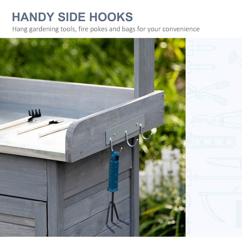 Garden Potting Bench Table, Wood Work Station with Storage Cabinet, Patio Workstation with Open Shelf and Steel Tabletop