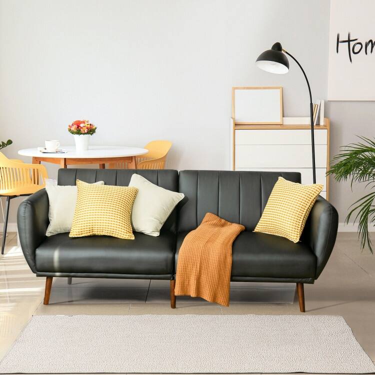 Convertible Futon Sofa Bed PU Leather Adjustable Couch Sleeper with Wood Legs - 81'' x 33.5'' x 31.5'' (L x W x H)