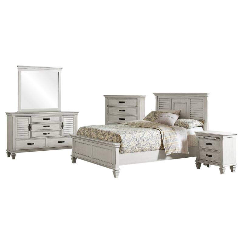Eli 5 Piece Queen Bedroom Set, Rustic White Wood, Dresser Chest