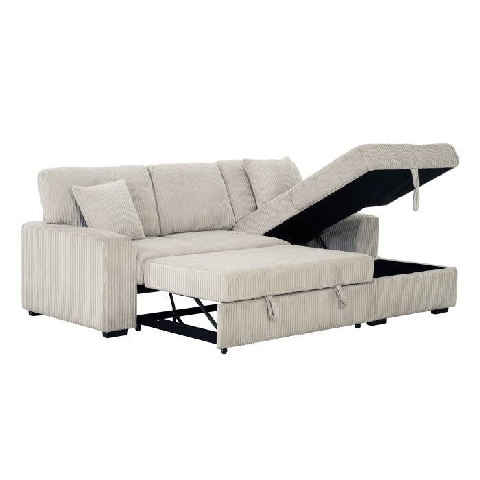 Corduroy Fabric Pull Out Sectional Sofa Bed with Storage Chaise and Pillows