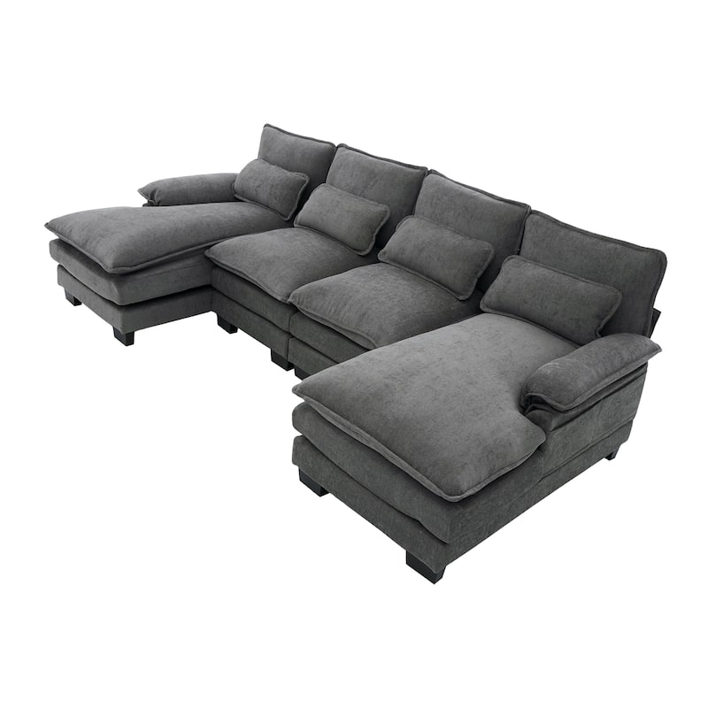 Symmetrical Chenille Upholstered Sectional Sofa U-shaped Cloud Couch with Double Chaise, Side Pockets and Double-layer Cushions