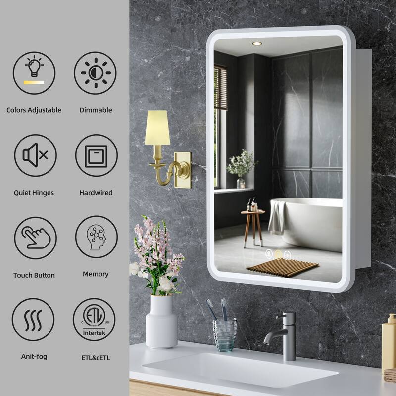 Aris Recessed/Surface Mount Bathroom Medicine Cabinet with Mirror and Lights, Dimmable, Adjustable Shelves, Fast Defogging