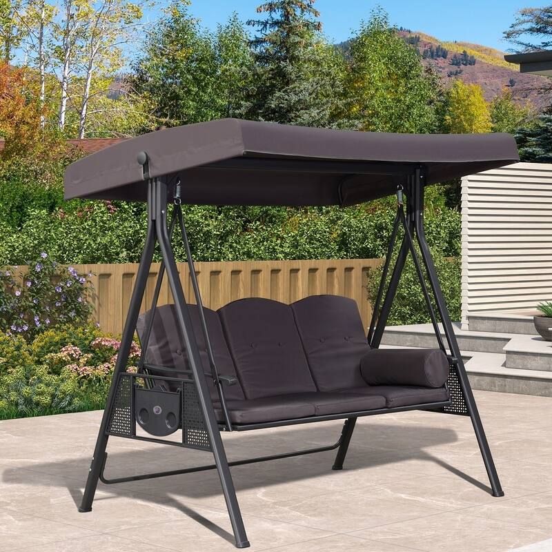 PURPLE LEAF 3-seat Outdoor Porch Swing All-Weather Steel Frame for Backyard Front Porch Lawn, Cushions and Pillow Included - 3-Seat - Grey