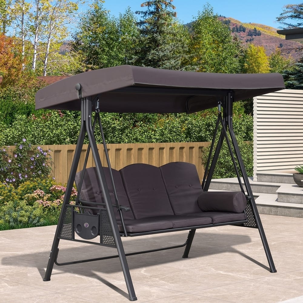 PURPLE LEAF 3-seat Outdoor Porch Swing All-Weather Steel Frame for Backyard Front Porch Lawn, Cushions and Pillow Included