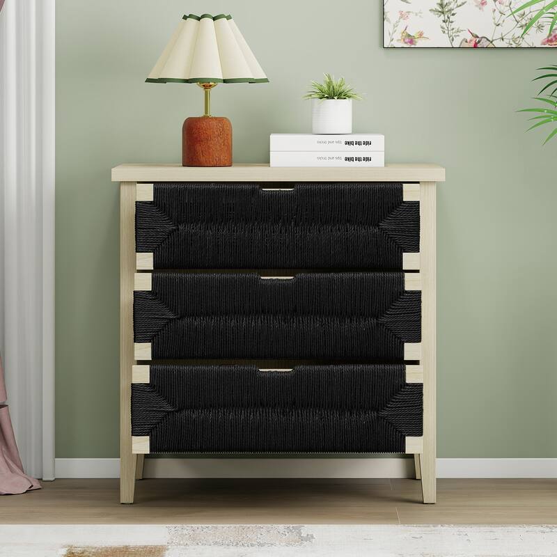 Roomfitters 3 Drawer Buffet Sideboard, Storage Cabinet with Hand-Woven Rope Drawers and Adjustable Shelves, Natural