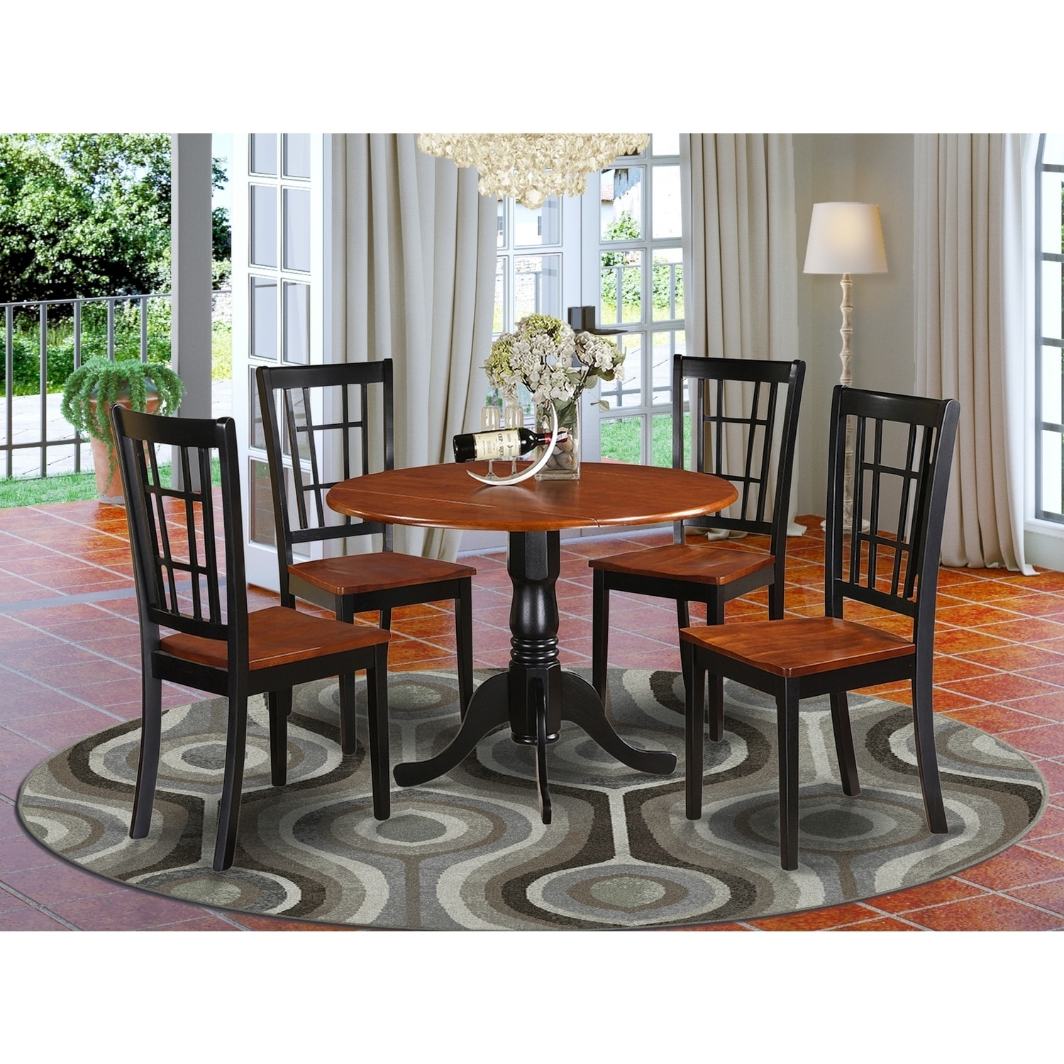 Kitchen Table Set for 4 - 42x42 Drop Leaf Dining Table & Chairs, Asian Hardwood, Black Finish