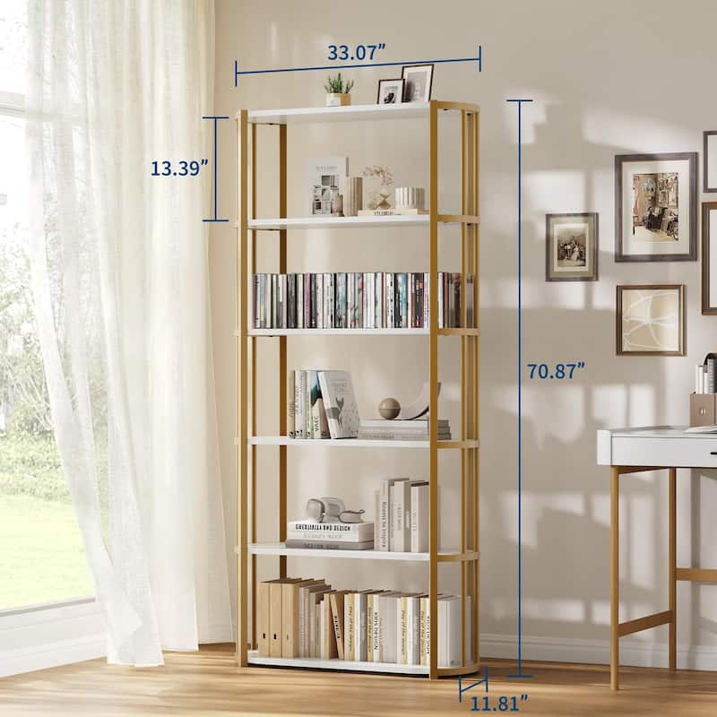 71 Inch Industrial Wooden Bookshelf - 6 Tier Tall Bookcase, Metal Frame Large Storage Shelf