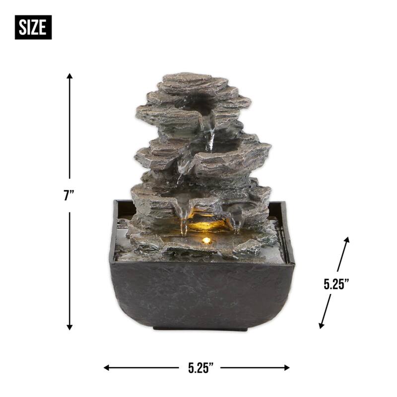 LED Lighted Tiered Rock Formation Tabletop Fountain - 7" - Black