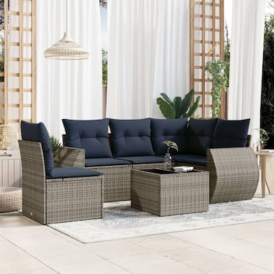 vidaXL 6 Piece Patio Sofa Set with Cushions Gray Poly Rattan - 73.7x27.2x73.7