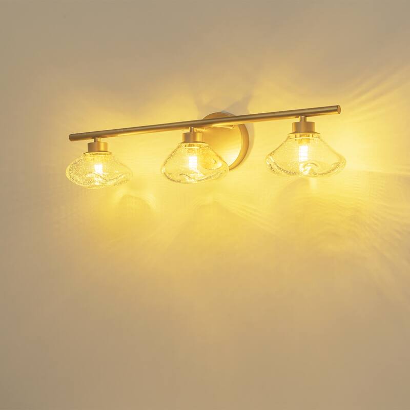 3-Light 24.4" Modern Black/Gold Bathroom Vanity Light with Stone-Shaped Seed Glass Shades