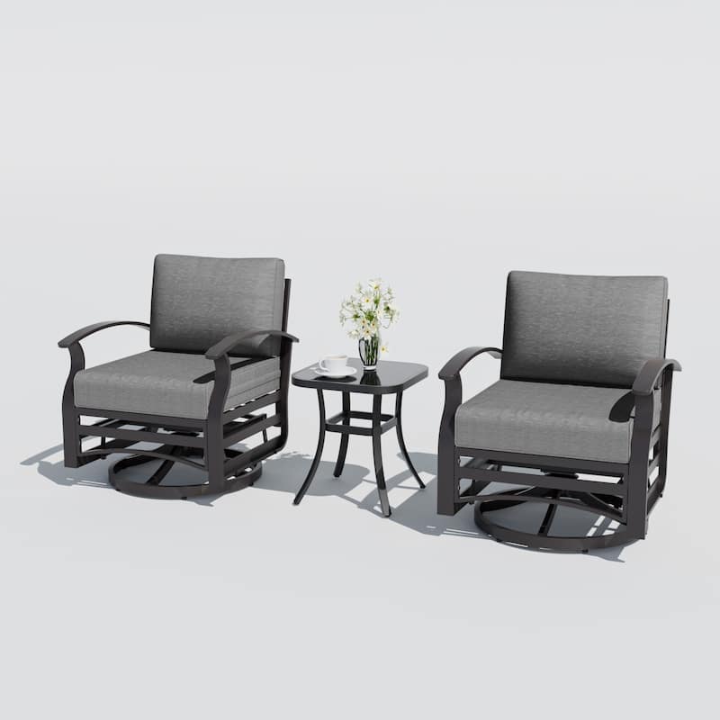 Aluminum Patio Outdoor Sectional Sofa Set with Fire Pit, Swivel Rocking Chairs and Ottomans - SwivelSet - Grey