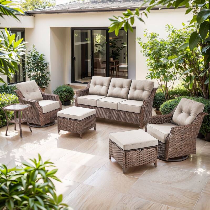 Artisan 6-Piece Patio Brown Wicker Sofa Conversation Set with 6-Inch Thick Cushions - Beige - Brown Wicker