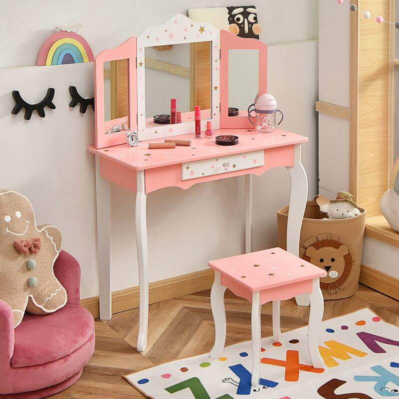 Gymax Kids Vanity Princess Makeup Dressing Table Chair Set W/ - See Details
