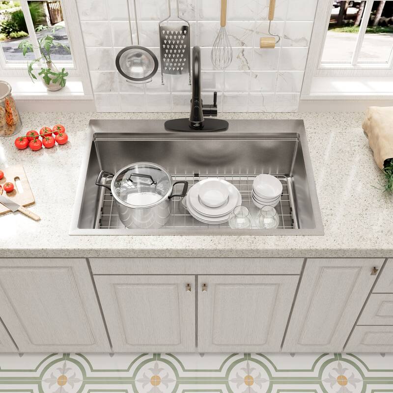 Drop-In Single Bowl Brushed Stainless Steel Workstation Kitchen Sink with Two-Function Pull-Down Kitchen Faucet and Accessories